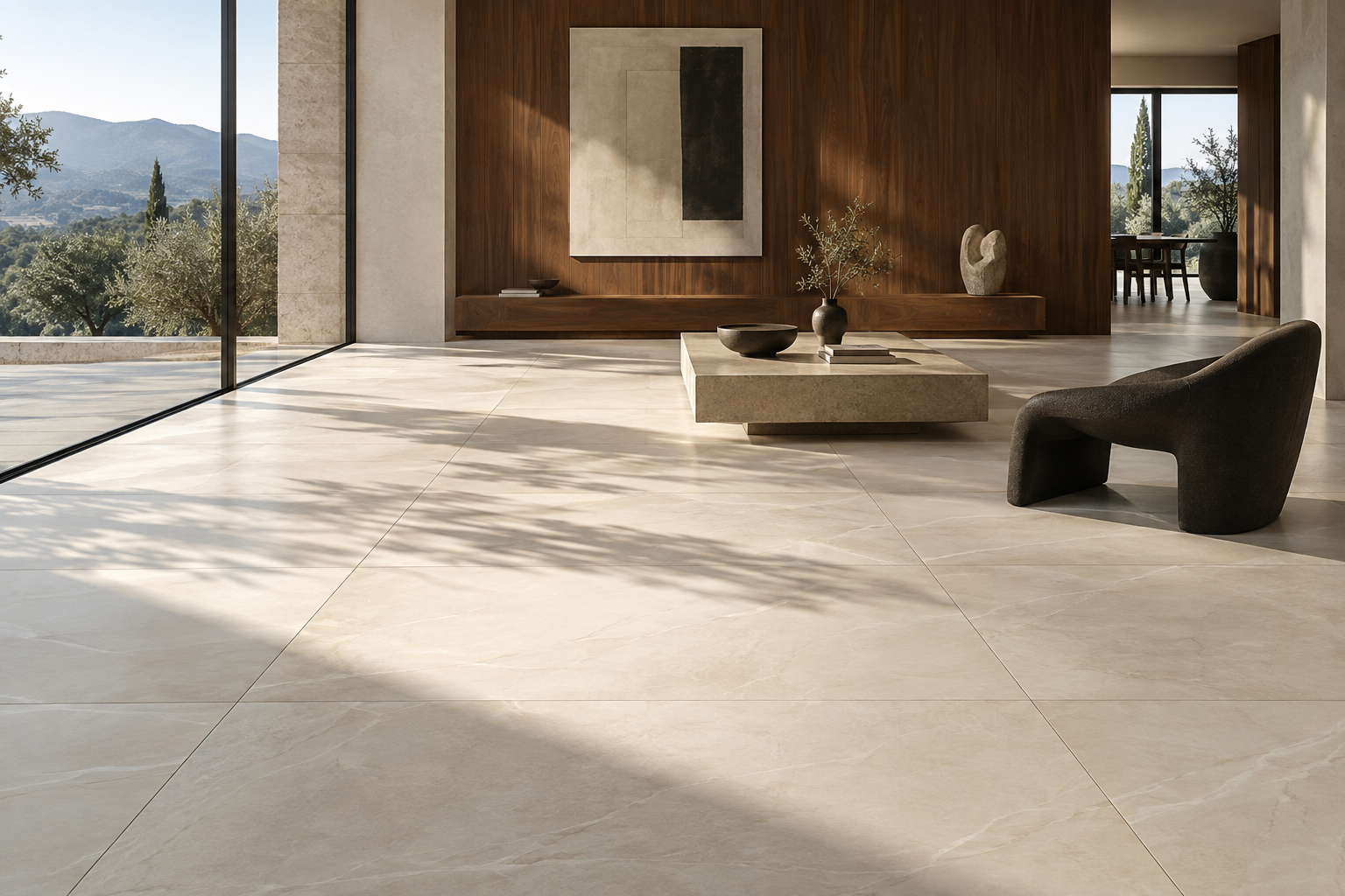 Concept interior with large ivory floor tiles, a walnut wall and natural daylight